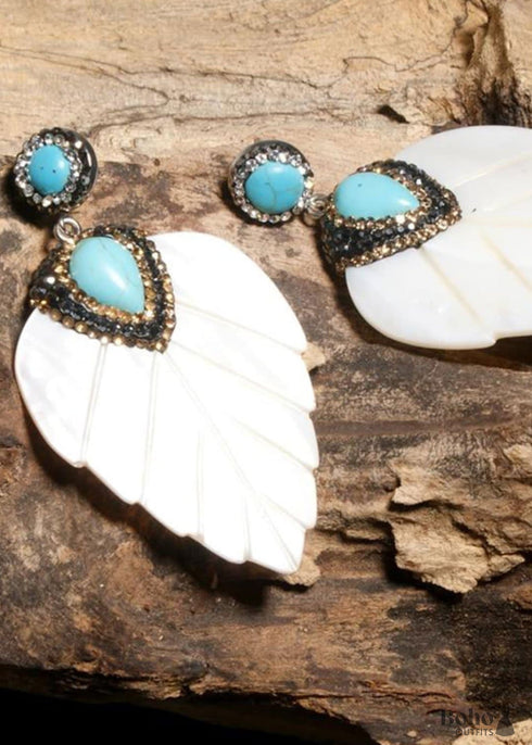 Boho Earrings, Dangle Earrings, Leaf White Shell